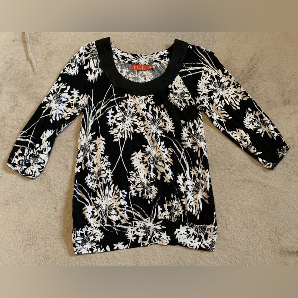 Women’s Elle Black White Floral Top 3/4 Sleeves Banded Hem Cinched XS